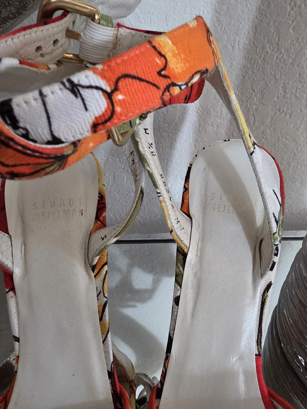 Stuart Weitzman Floral Multi-Color Cork Platform Ankle-Strap Heels - Picture 5 of 7